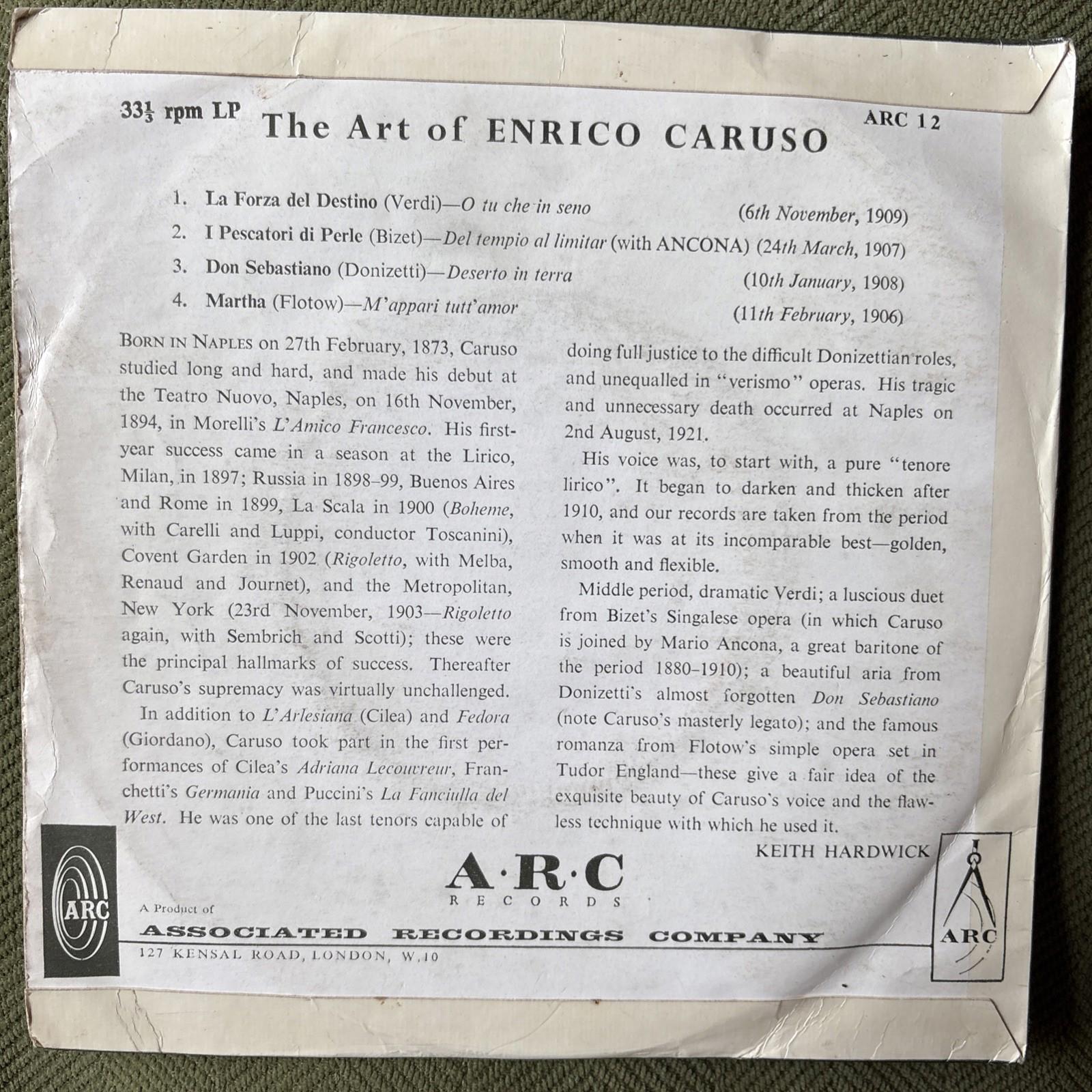Enrico Caruso - The Art Of Enrico Caruso (7")