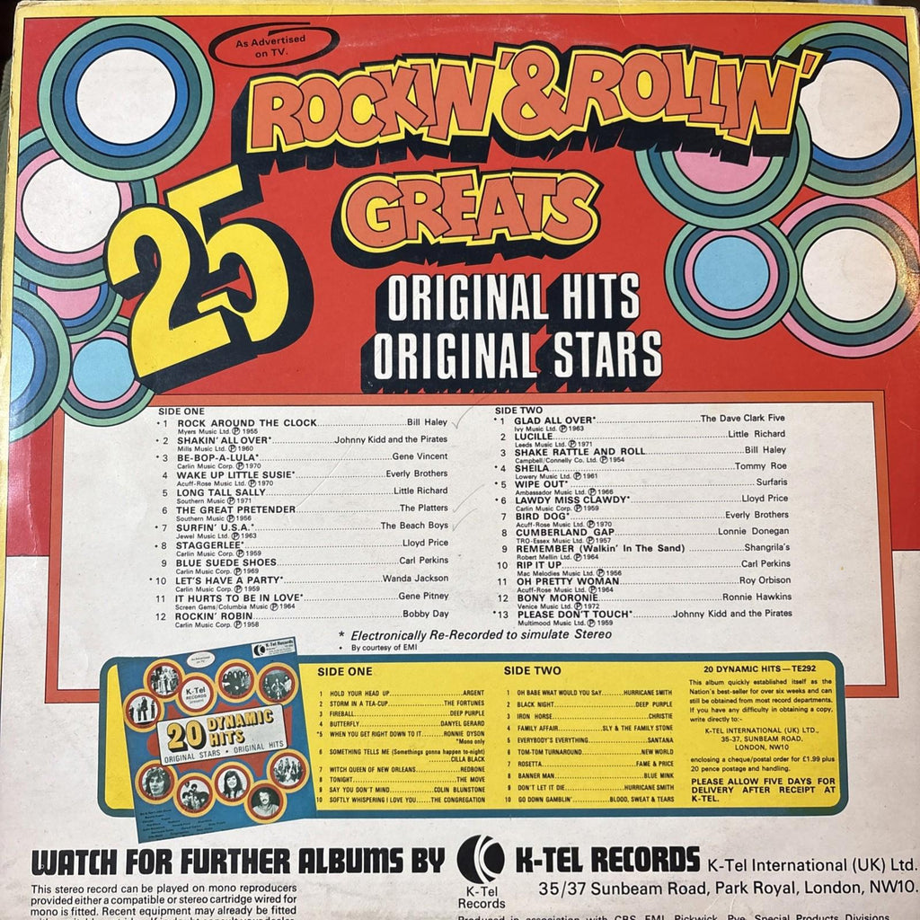 25 Rockin’ & Rollin’ Greats First Press 1972 NE493 Vinyl LP K-Tel Records EX
