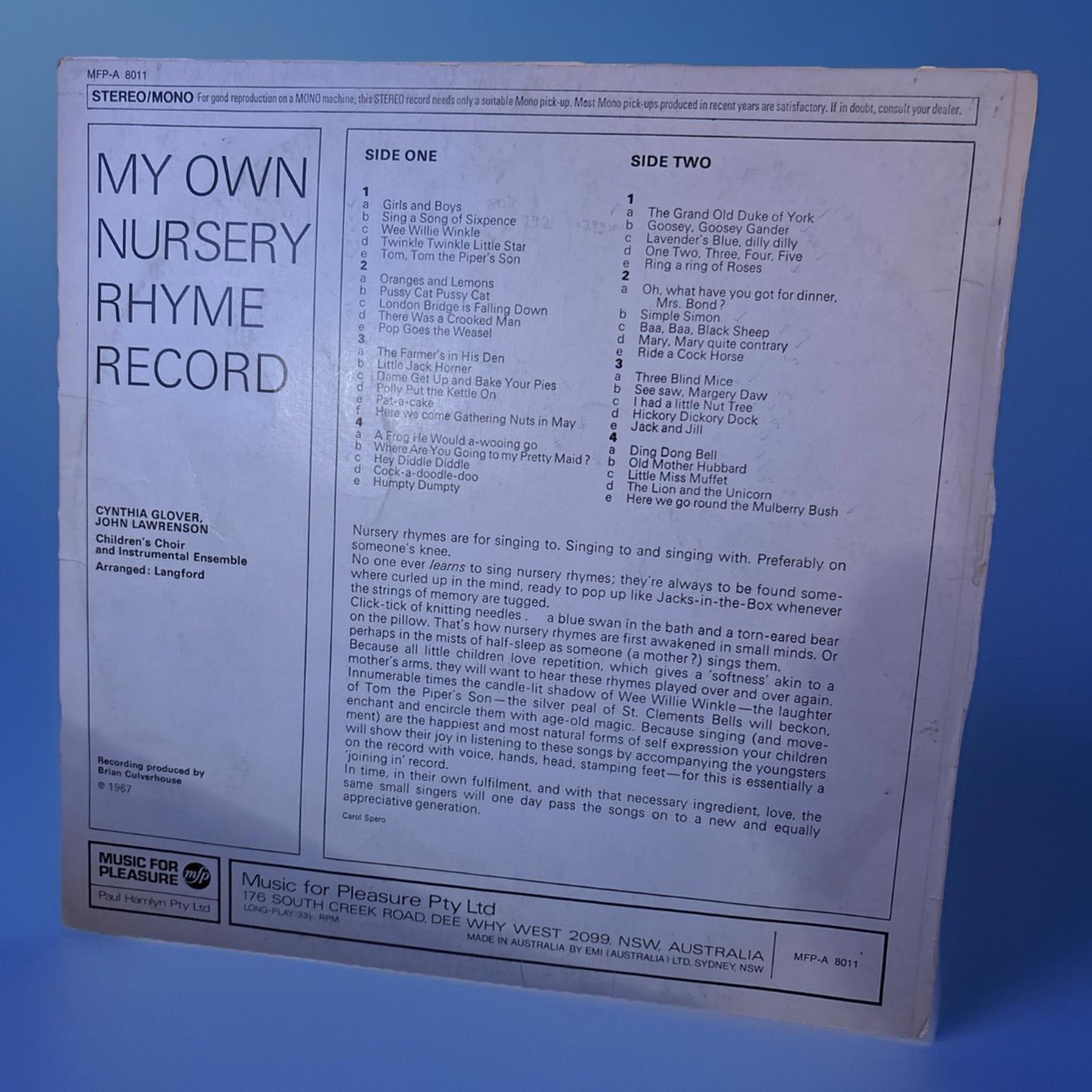 My Own Nursery Rhyme Record 12" Vinyl Album MFP-A 8011 Stereo/mono ex