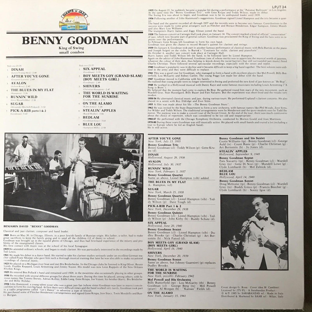 Benny Goodman King of Swing Small Combos Vinyl LP Record 1985 Ex/ex