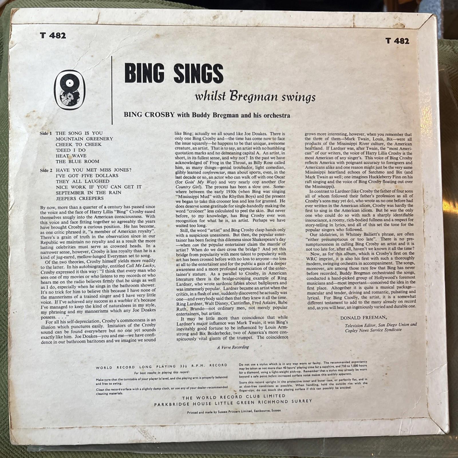 Bing Crosby, Buddy Bregman - Bing Sings Whilst Bregman Swings (LP)