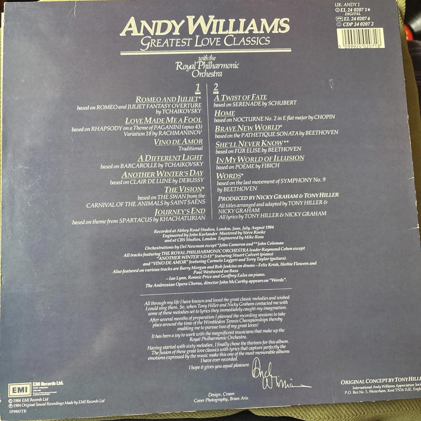 Andy Williams - Greatest Love Classics - Vinyl Record LP Album - 1984 EL 2402071