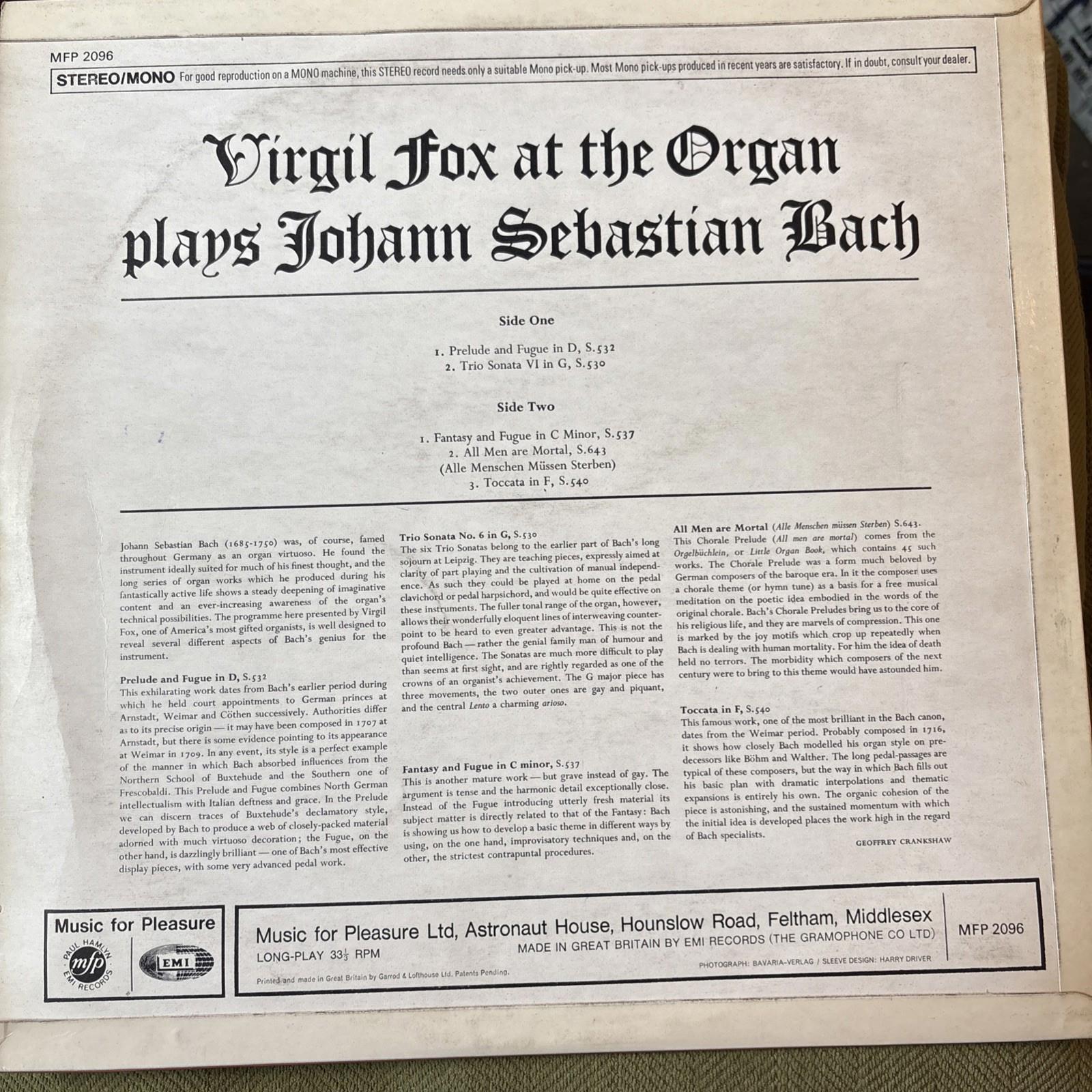 Bach Organ Works Virgil Fox Columbia Records Vinyl LP Classical Stereo VG+