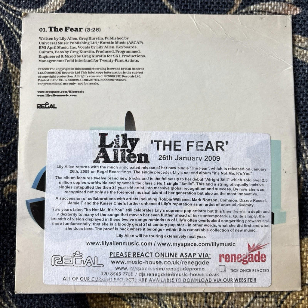 LILY ALLEN - THE FEAR - 1 TRACK PROMOTIONAL CD BRAND NEW AND SEALED CARD SLEEVE