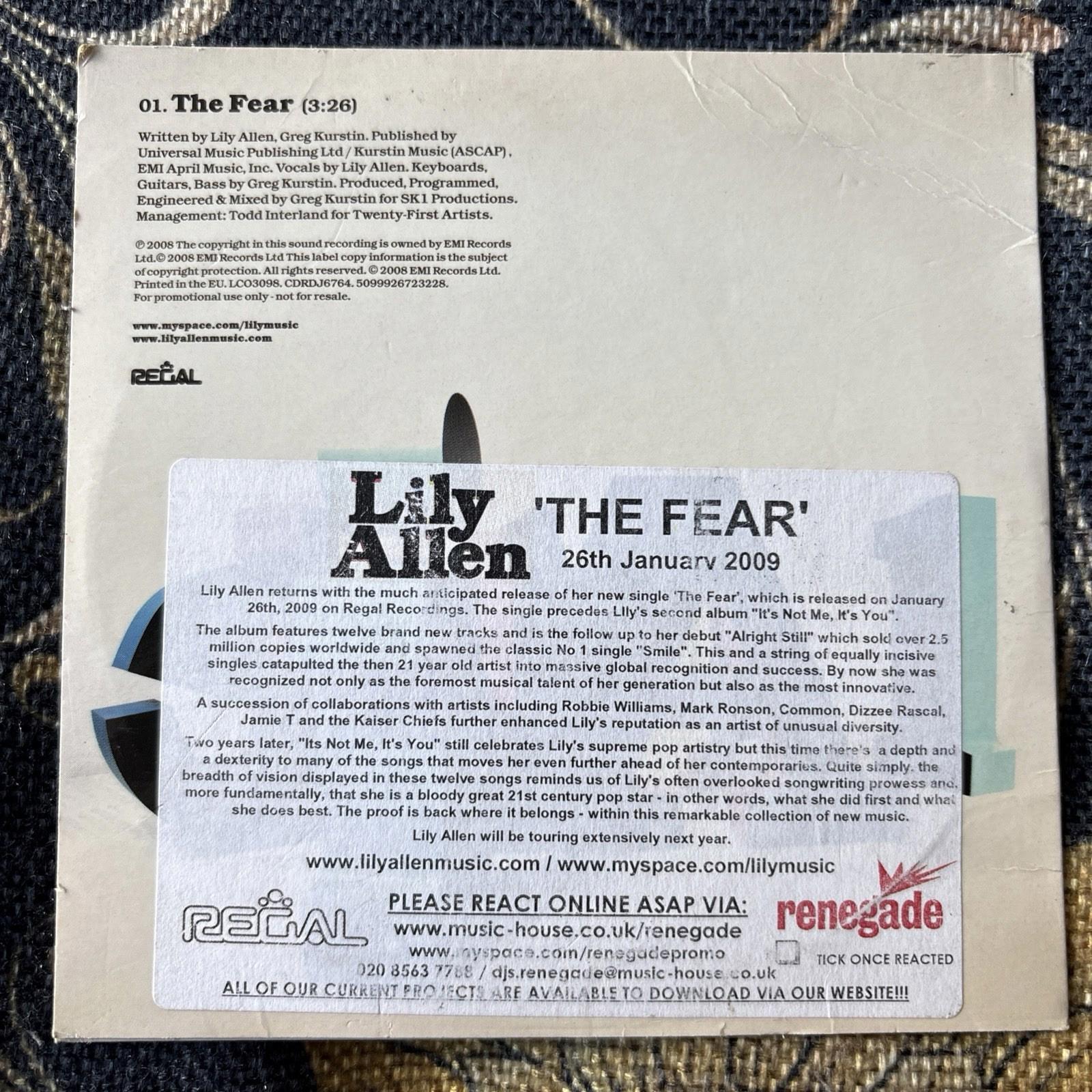 LILY ALLEN - THE FEAR - 1 TRACK PROMOTIONAL CD BRAND NEW AND SEALED CARD SLEEVE