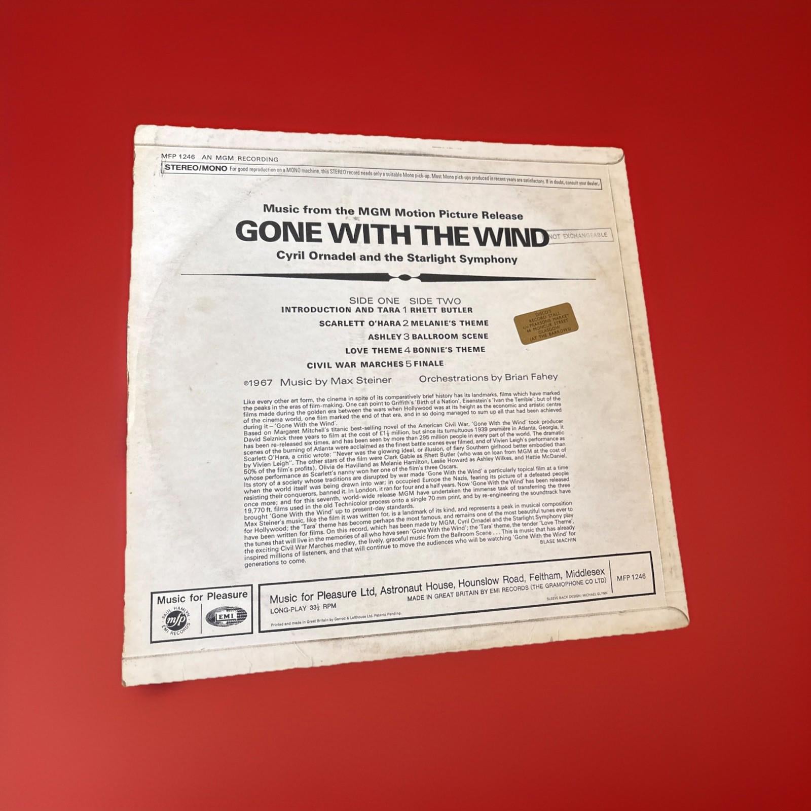 Gone With The Wind, 12" Vinyl LP EMI Records, 1967, Original Excellent